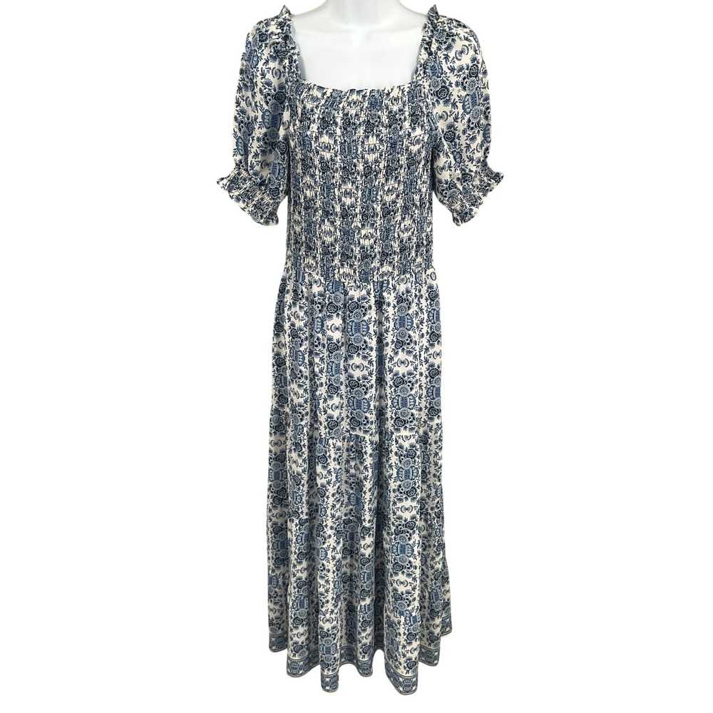 Max Studio Maxi Dress Womens M Blue White Cottagecore Smocked Floral Toile Boho